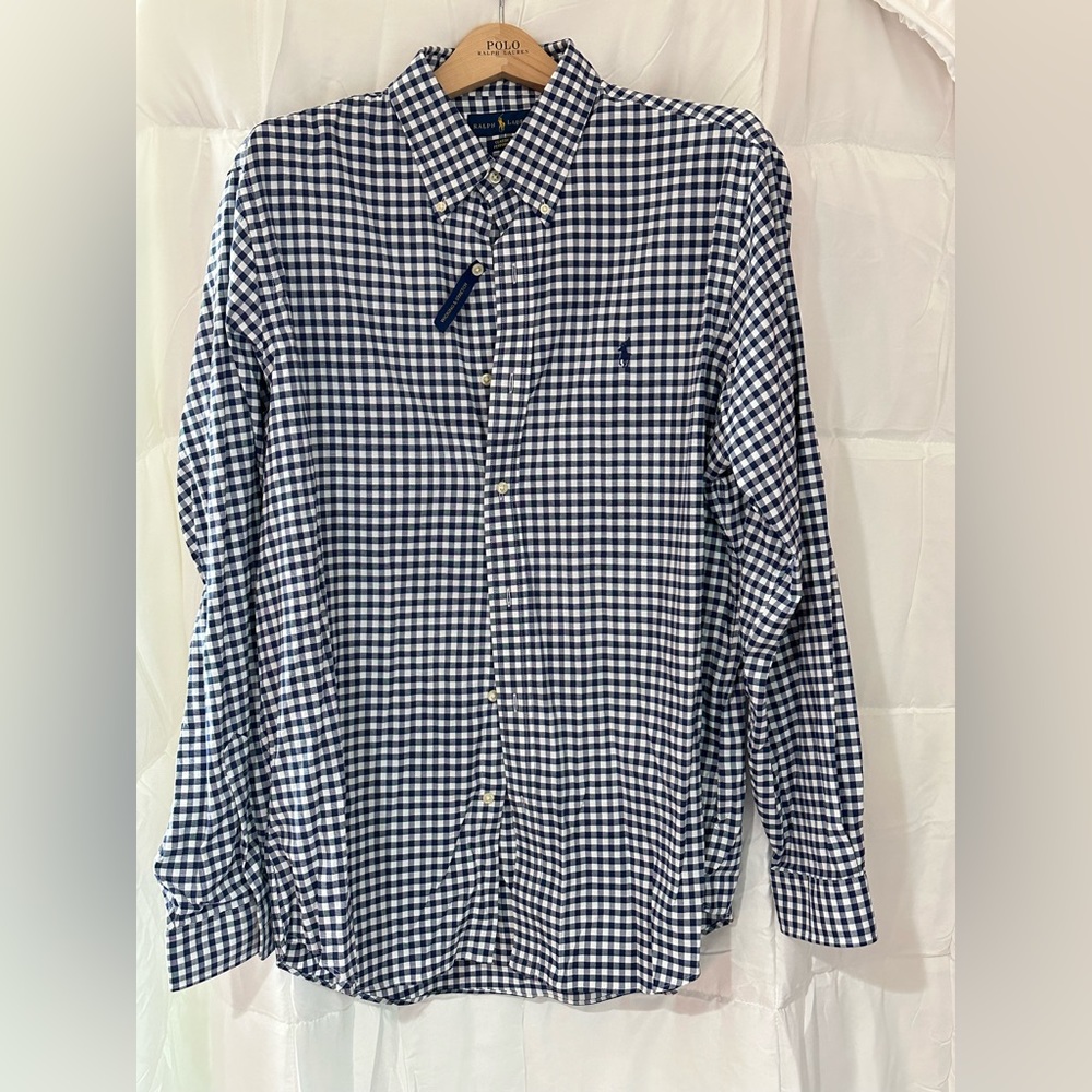 Blue and white plaid button down shirt by Ralph Lauren size XL